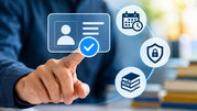 A hand selects a digital profile verification icon, surrounded by symbols representing account security, login reminders and learning resources.