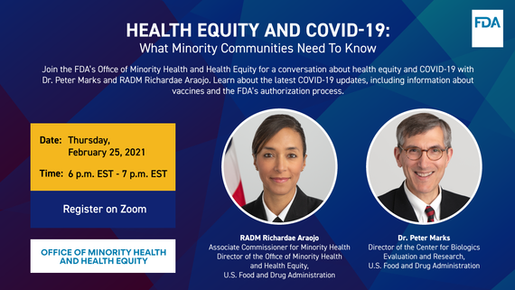 Health Equity and COVID-19 webinar flyer with pictures of RADM Araojo and Dr. Marks