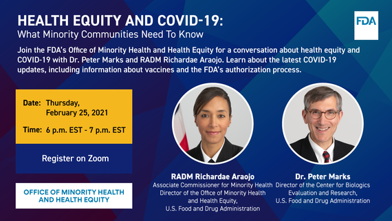 Health Equity and COVID-19 webinar flyer with picture of RADM Araojo and Dr. Marks