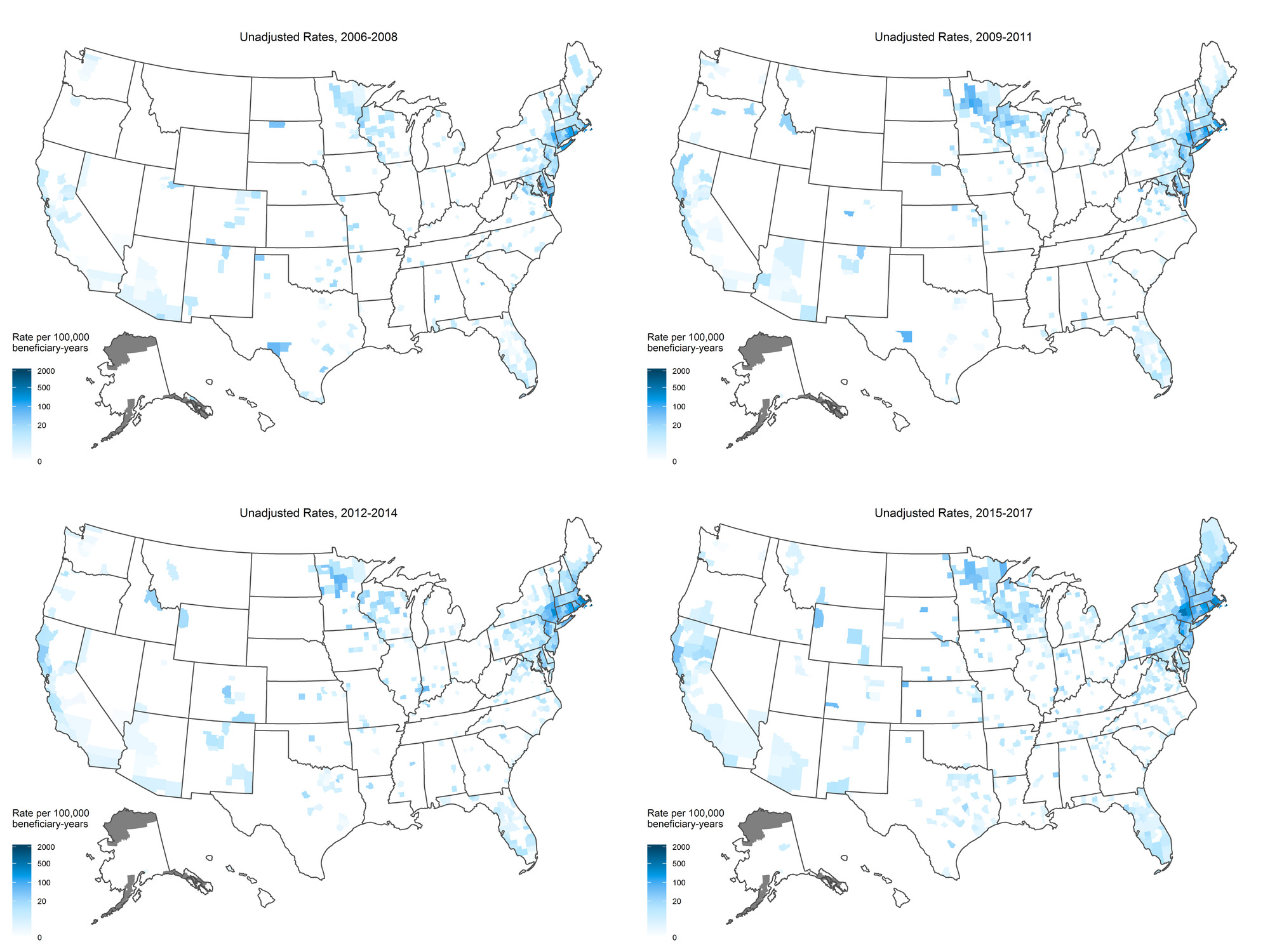 Heat Maps with Unadjusted County-Level Babesiosis Rates 2006-2017