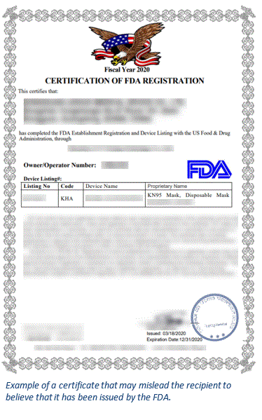 Example of a certificate that may mislead the recipient to believe that it has been issued by the FDA.