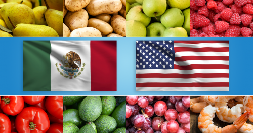 photo montage of various foods with an overlay of the flag of Mexico and the U.S. flag