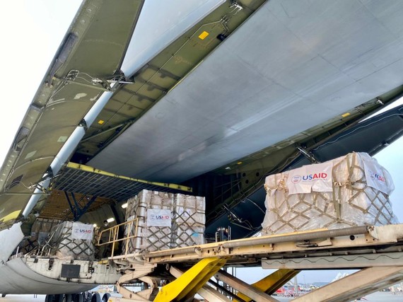 critical supplies packaged to be removed from plane