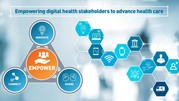 Abstract concept with a header reading: Empowering digital health stakeholders to advance health care. 