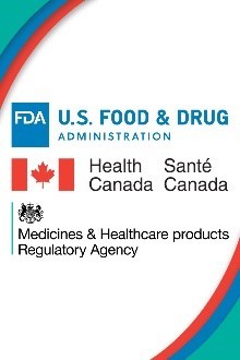 logos for the United States Food and Drug Administration, Health Canada, and the United Kingdom’s Medicine and Healthcare products Regulatory Agency. 