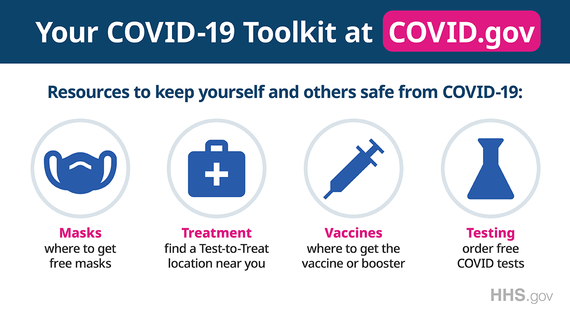 Your COVID-19 Toolkit at COVID.gov - resources to keep yourself and others safe from COVID-19, including masks, treatment, vaccines, and testing)