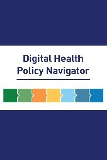 Rectangle with blue edge. Digital Health Policy Navigator. A series of interlocking squares with arrows that lead from green to blue.
