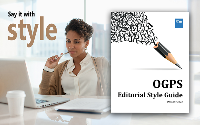 Woman writing at her computer and using the Style Guide