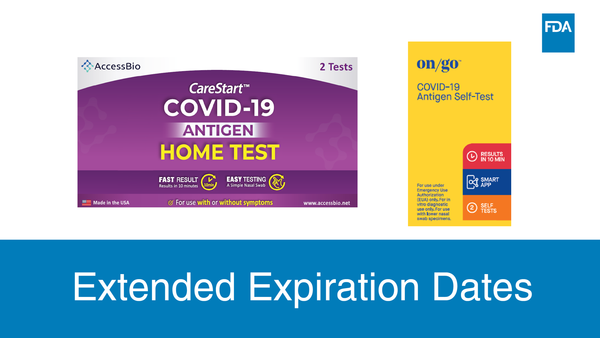 Packaging of CareStart COVID-19 Antigen Home Test and On/go COVID-19 Self-Test with the title Extended Expiration Dates