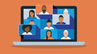 Graphic of a laptop computer with many people in smaller screens as if they were attending a virtual meeting. 