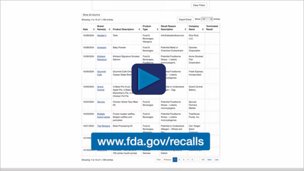 Video screenshot of the website www.fda.gov/recalls