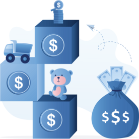 Illustration of stacked blocks with dollar symbols forming steps, with coins on top, a toy truck and teddy bear on lower levels, and a money bag.