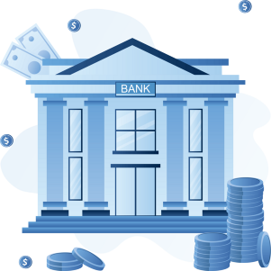 Illustration of a bank building with columns, surrounded by stacks of coins and floating dollar symbols, representing savings or financial accounts.