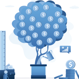 Illustration of a tree made of dollar coins being watered, with a ruler and stacked coins nearby, symbolizing financial growth and savings.