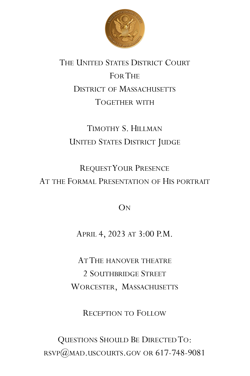 Judge Timothy S. Hillman Portrait Presentation Invite