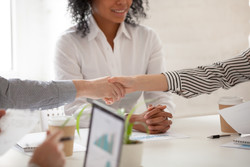 business man and woman shaking hands across table