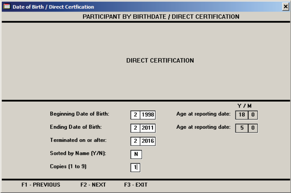 Screenshot of the AIS Direct Certification menu.