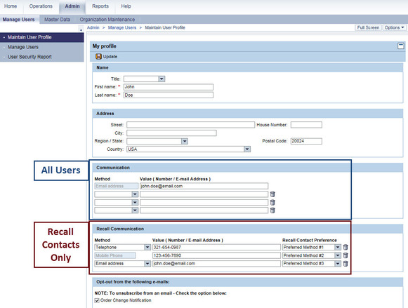 WBSCM Maintain User Profile Screenshot