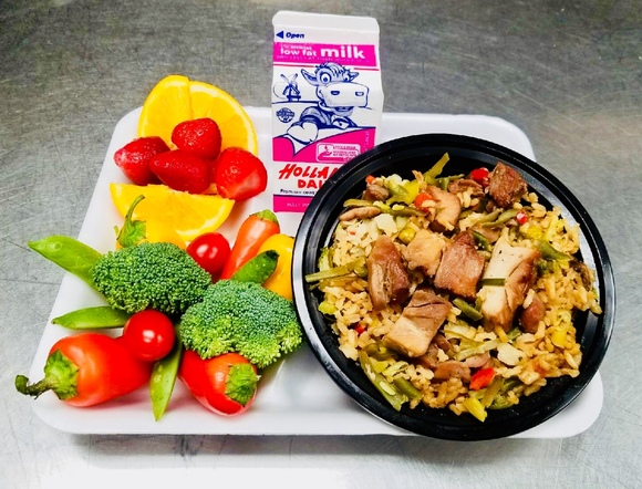 School lunch tray: Teriyaki Chicken w/Fried Rice