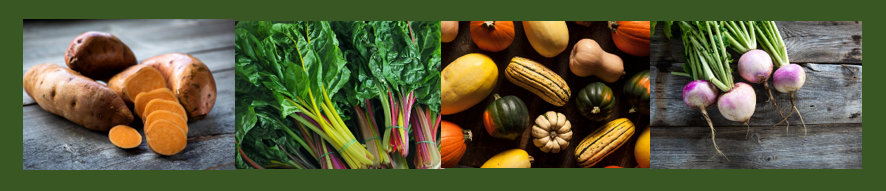 Winter produce: sweet potatoes, swiss chard, winter squash, turnips