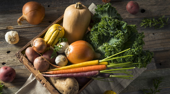 market box of squash, potatoes, carrots, kale