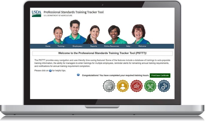 psttt laptop with badges