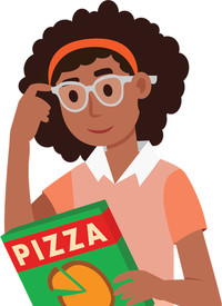 illustration of a woman looking at the ingredient list on a pizza food package