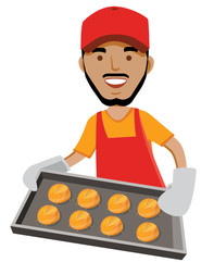 Illustration of a man holding a baking sheet with bread rolls