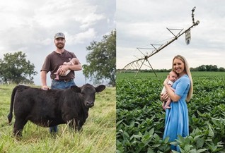 Photo of farmer with his baby and photo of the farmer's wife with their baby