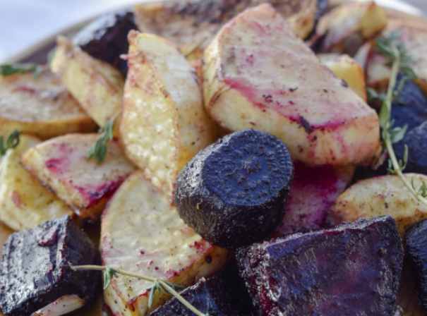 cooked yellow and purple potatoes