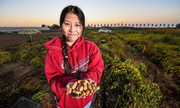 Teen girl holding harvested peanuts in field 
