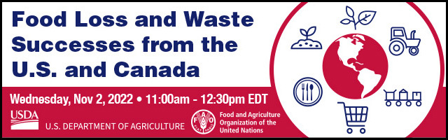 Black and red logo promoting USDA food loss and waste webinar. 