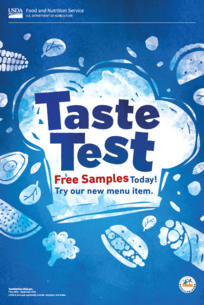 Blue taste test poster with white food graphics. 