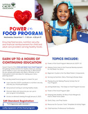 Flyer with red and blue text and photo of young girl smiling