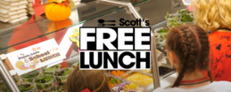 Students standing in school lunch line with Scott's Free Lunch Logo 