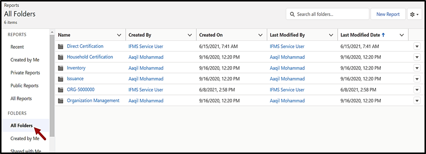 Fig 3 - The All Folders link is available on the left of the Reports screen.
