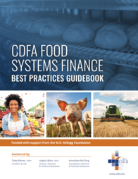 Blue cover of CDFA Food Systems Finance Guidebook with photos of a farmers market, pig, and tractor