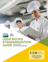 The cover page of USDA Recipe Standardizatoni Guide for School Nutrition Programs, which shows a chef reading from her book. 