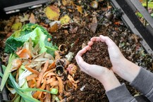 A person holding a handful of compost over a large compost bin. 