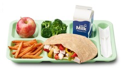 green meal tray with pita sandwich, sweet potato fries, broccoli, an apple, and milk 