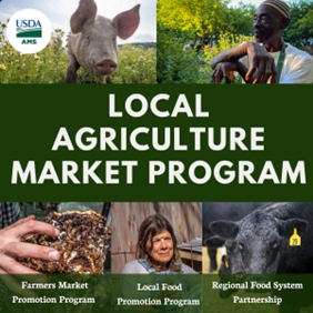 Photo collage with food producers, a cow, and a pig, to promote LAMP grants. 