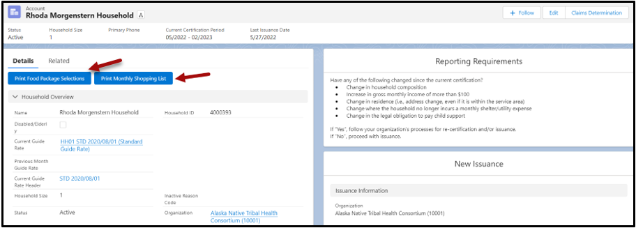 Fig 2 - The Print Food Package Selections and Print Monthly Shopping list buttons