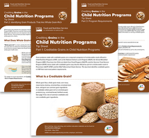 covers of three crediting grains in the child nutrition programs tip sheets