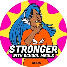 Stronger With School Meals Image with a girl with blue hair listening to music and eating a sandwich. 