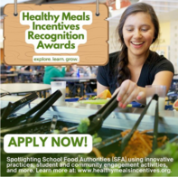 Student in front of salad bar with written application information overlayed 