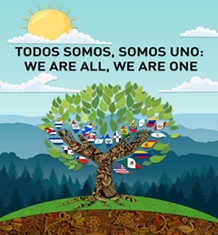 Graphic with a tree and flags from different countries symbolizing Hispanic Heritage Month 