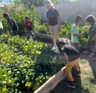 Children working in a community garden. 