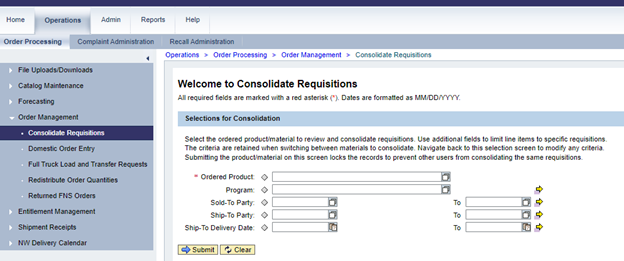 WBSCM Consolidate Requisitions screen 