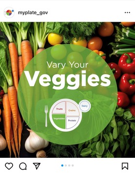 An instagram post that says "Vary Your Veggies" with carrots, tomatoes, and other vegetables