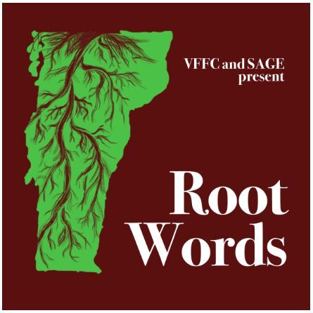 Root Words Logo: The State of Vermont with drawn roots throughout 